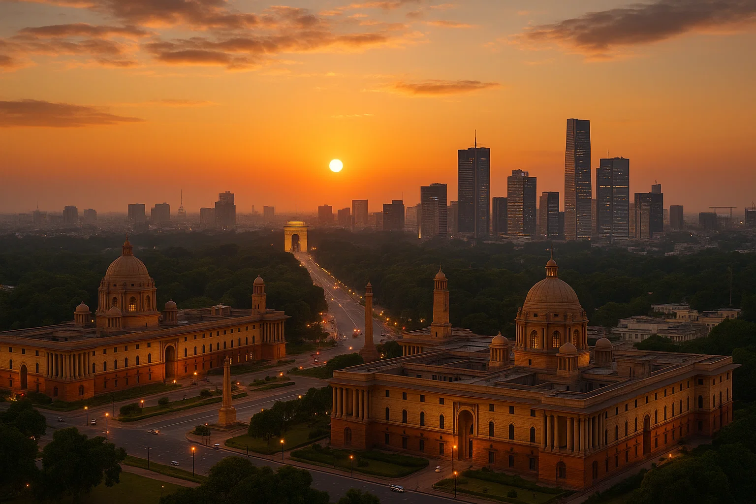 View of New Delhi government and business district at sunset